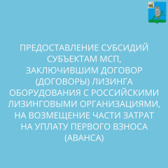 предоставление субсидий субъектам МСП, заключившим договор (договоры) лизинга оборудования с российскими лизинговыми организациями, на возмещение части затрат на уплату первого взноса (аванса) - фото - 1